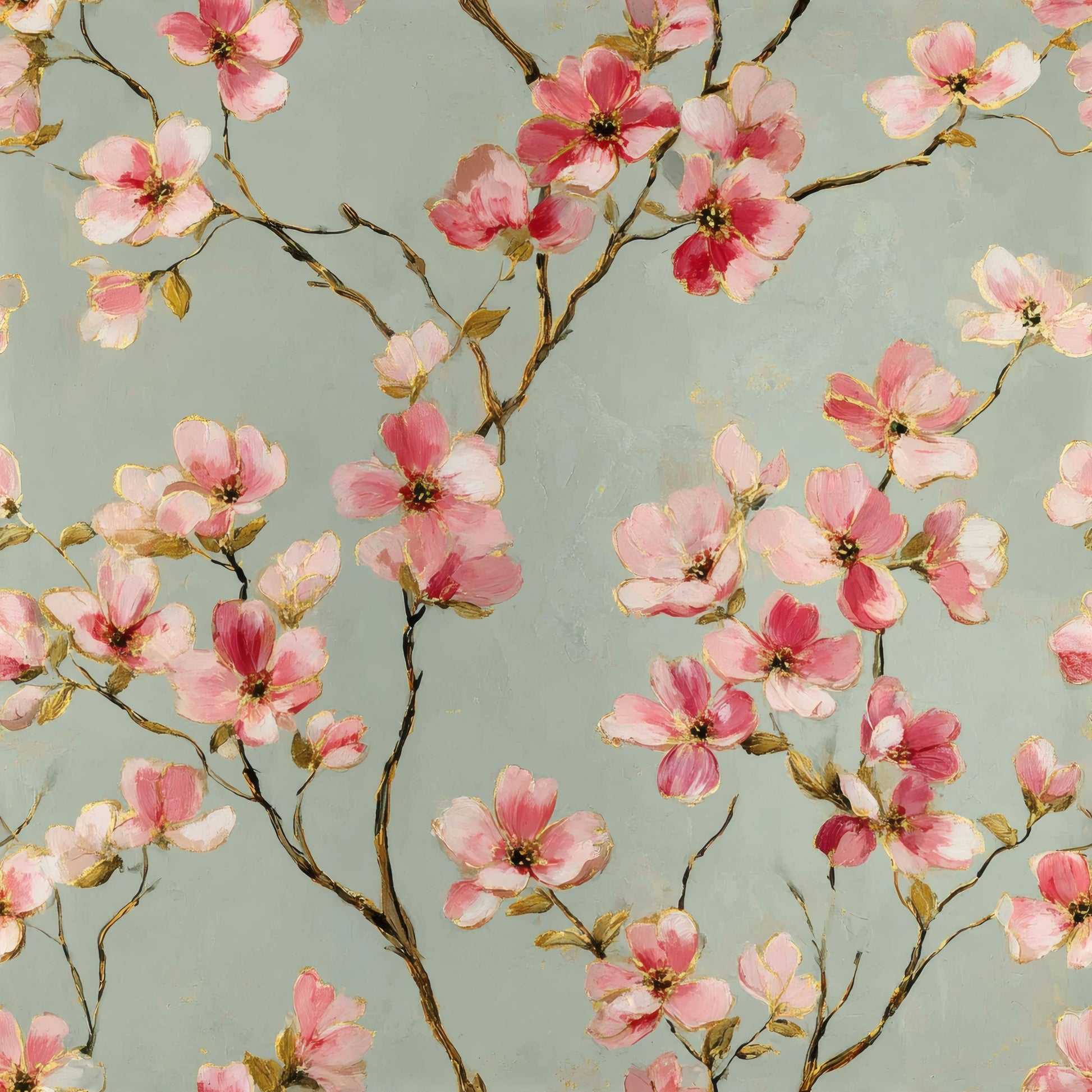 Pink watercolor dogwood blossoms on branches across a muted sage green ground.