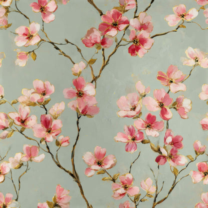 Pink watercolor dogwood blossoms on branches across a muted sage green ground.
