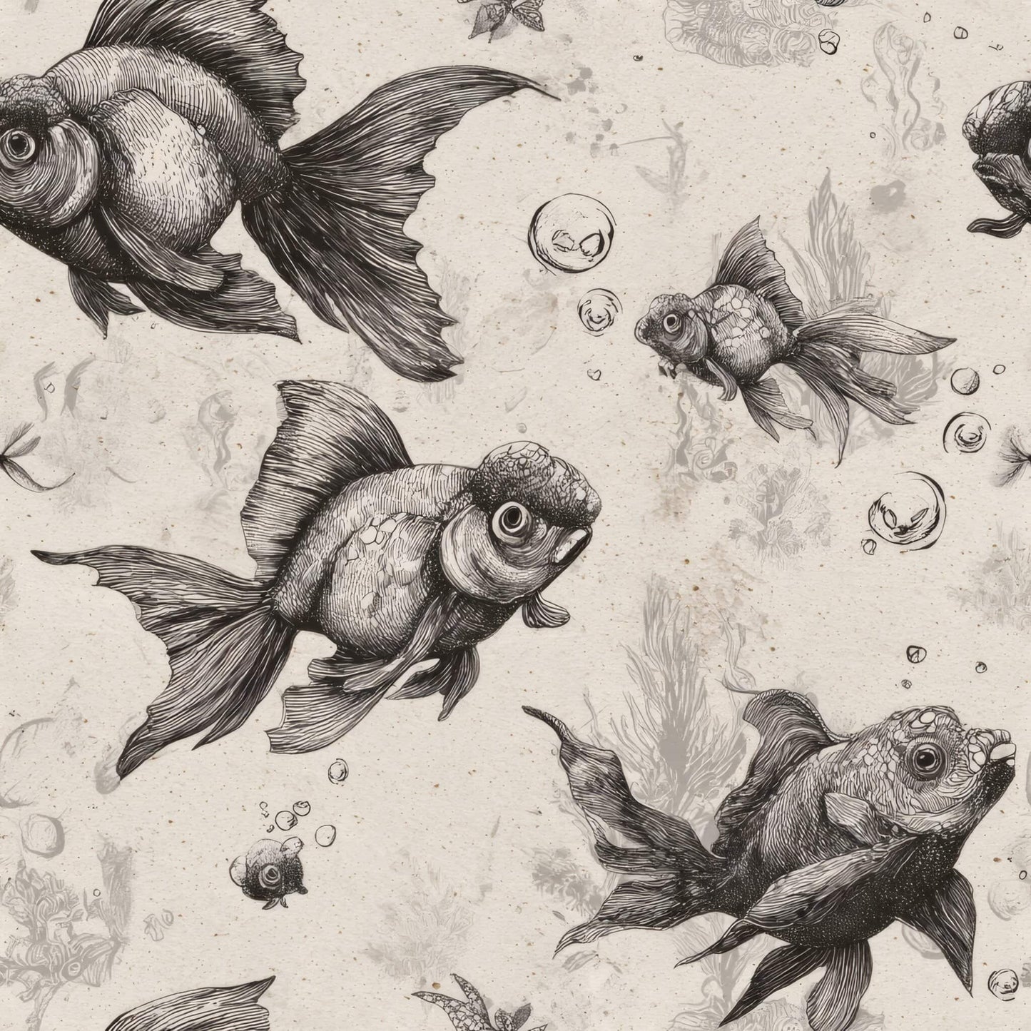 Wallpaper featuring detailed black and white fish illustrations on a light background.