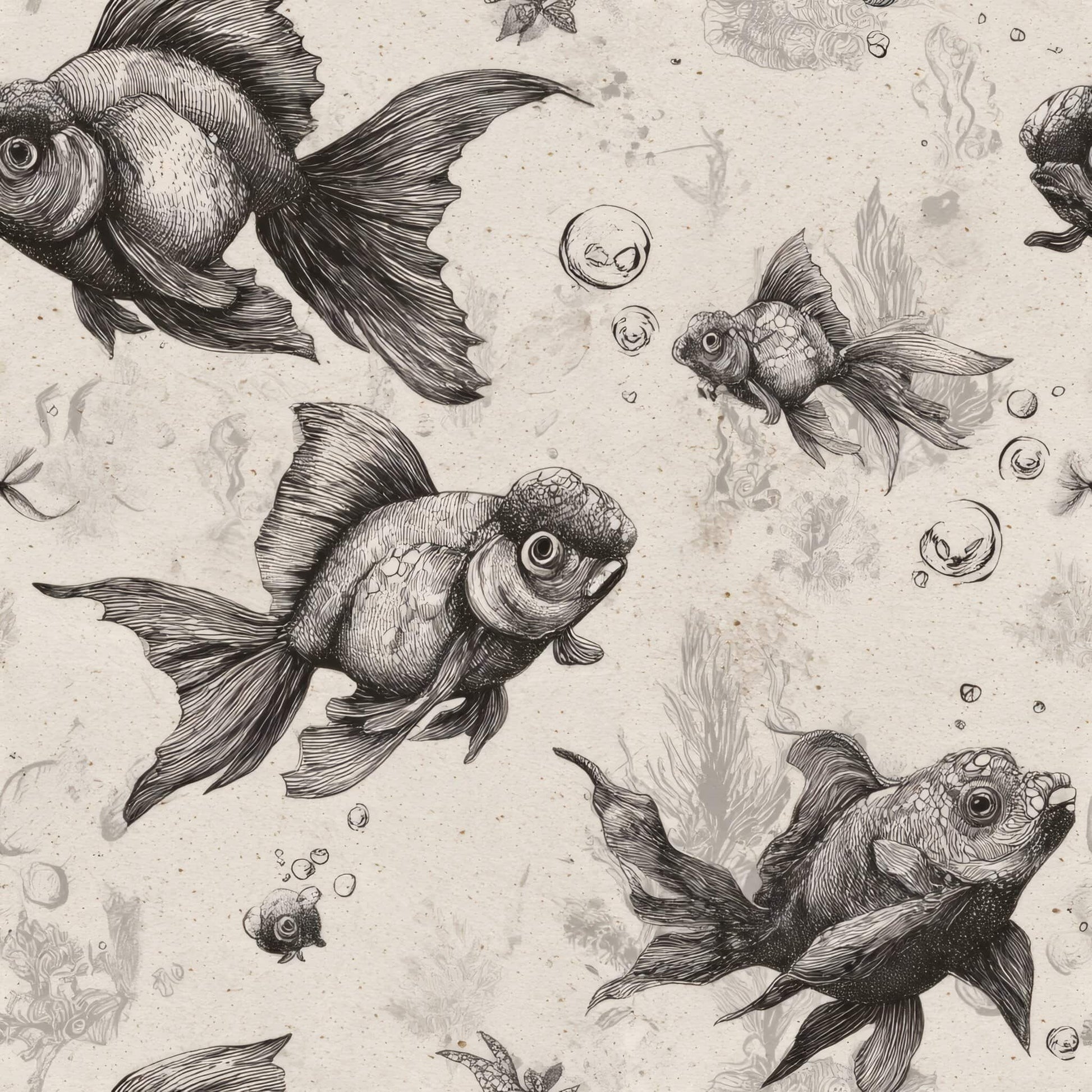 Wallpaper featuring detailed black and white fish illustrations on a light background.