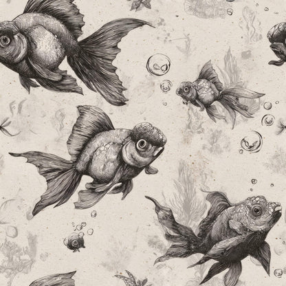 Wallpaper featuring detailed black and white fish illustrations on a light background.