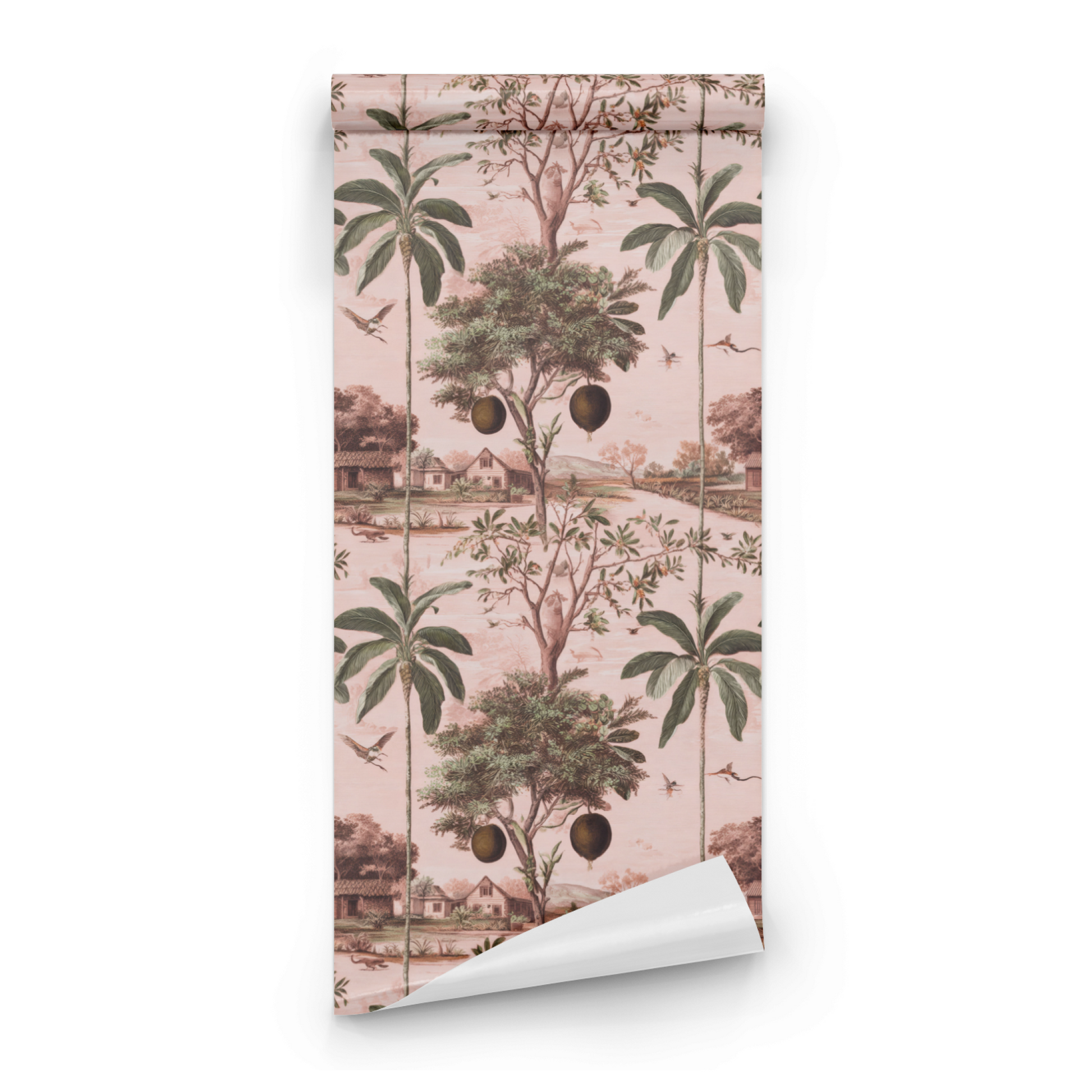 Pink Toile Wallpaper roll preview showing the riverbank scenic drawing in close soft pink toile detail
