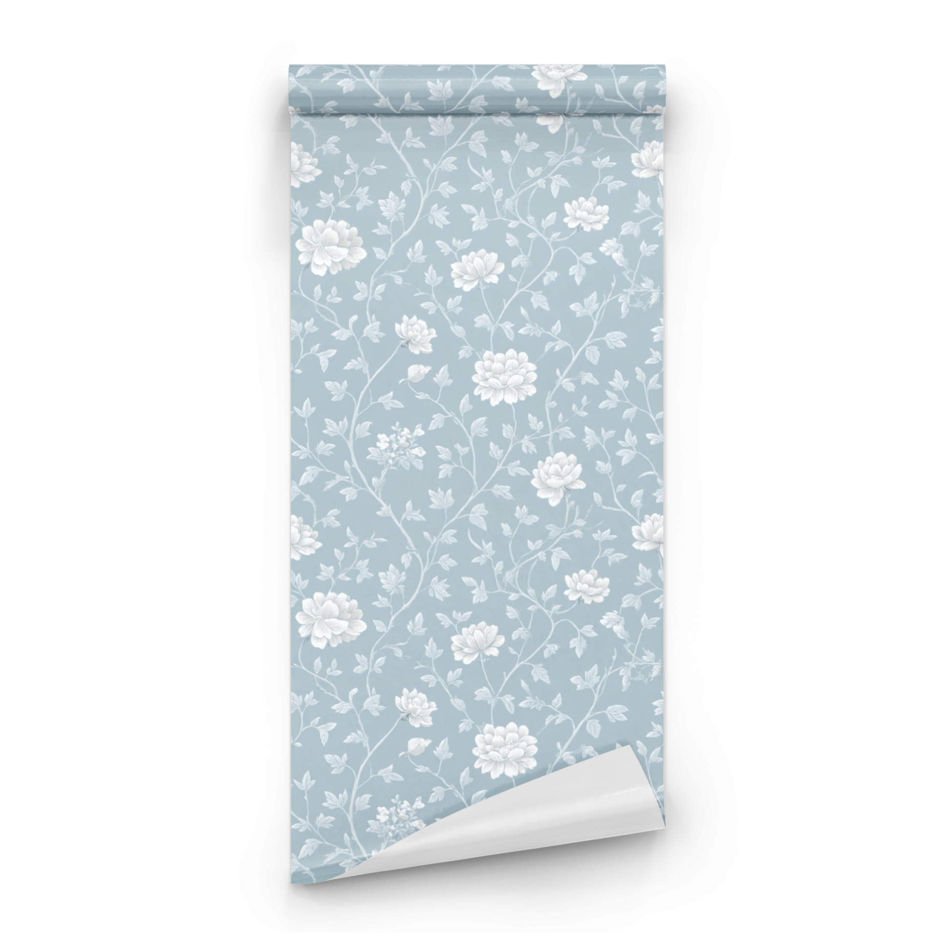 Blue Floral Wallpaper roll preview showing the peony drawing in close soft blue Arts and Crafts powdered detail