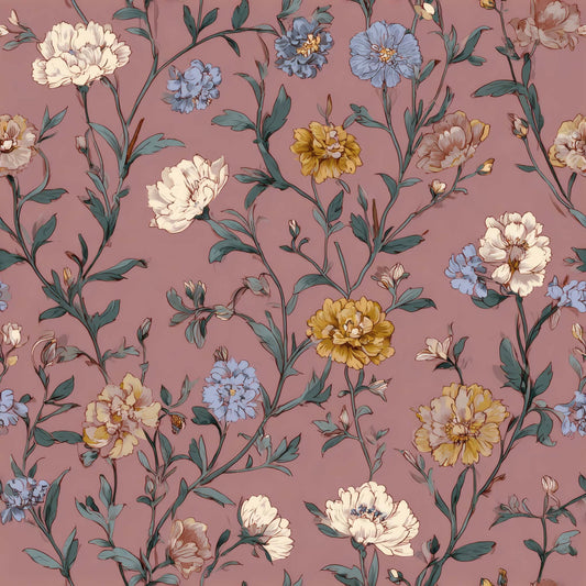 Floral wallpaper with yellow, cream, and blue flowers on a dusty rose background.