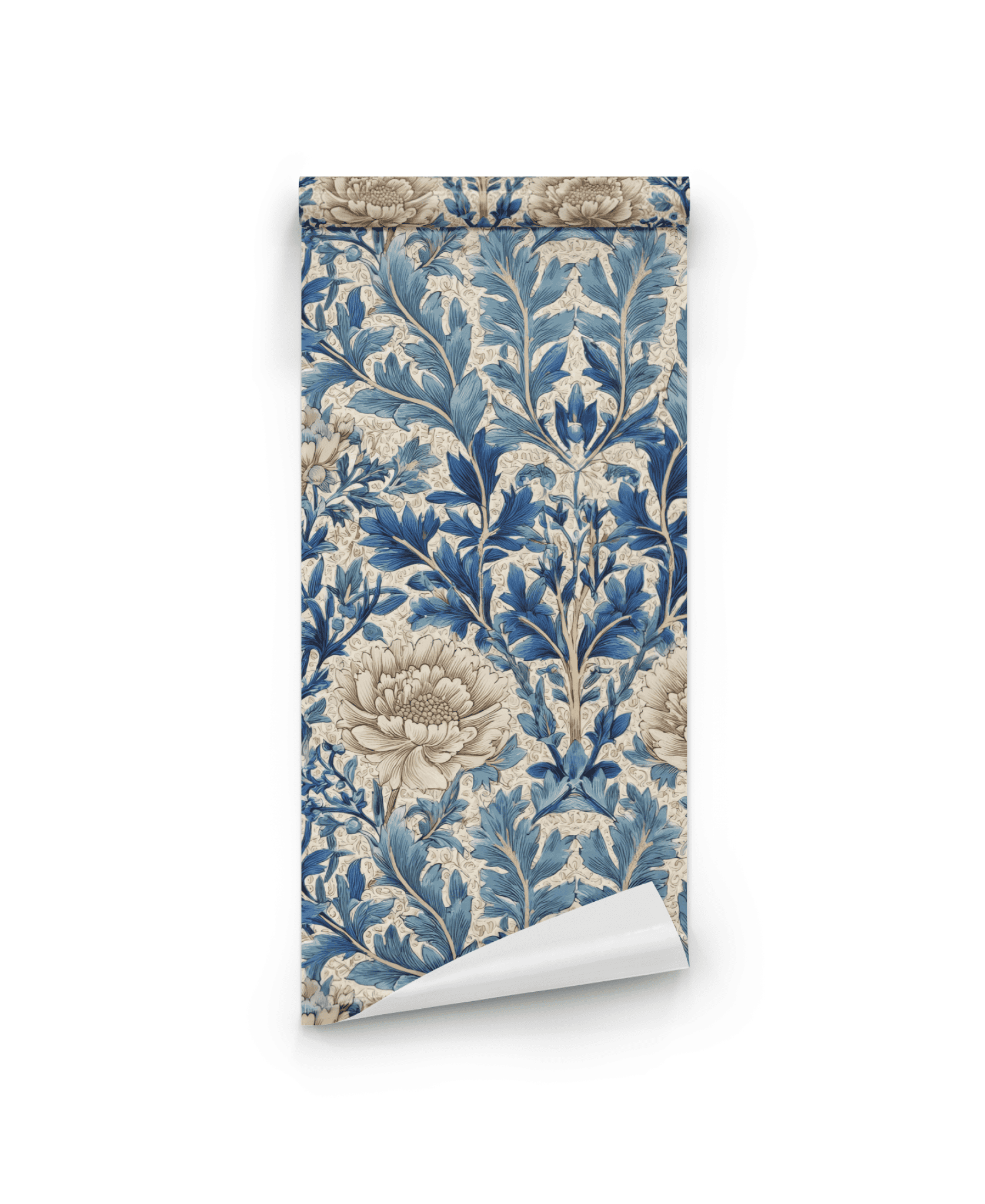 Azure Blossom Wallpaper features blue and cream botanical motifs with large flowers and leafy vines on a white background, bringing timeless beauty to any space.