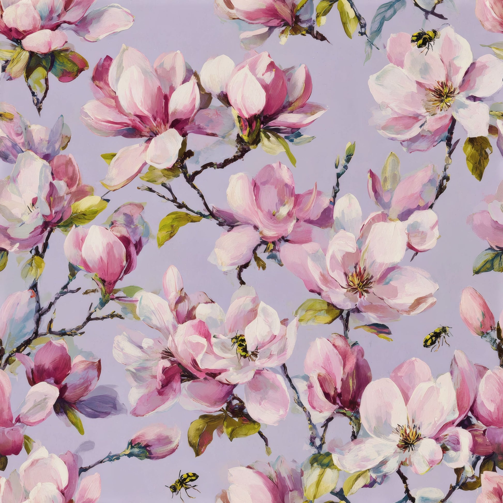 Pink watercolor magnolia blossoms with small bumblebees on a soft periwinkle ground.