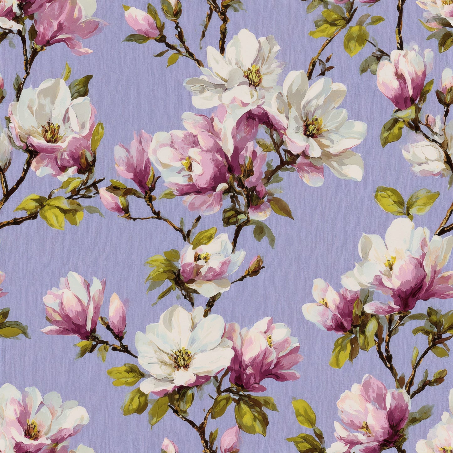 White and pink watercolor magnolia branches on a soft lilac purple ground.
