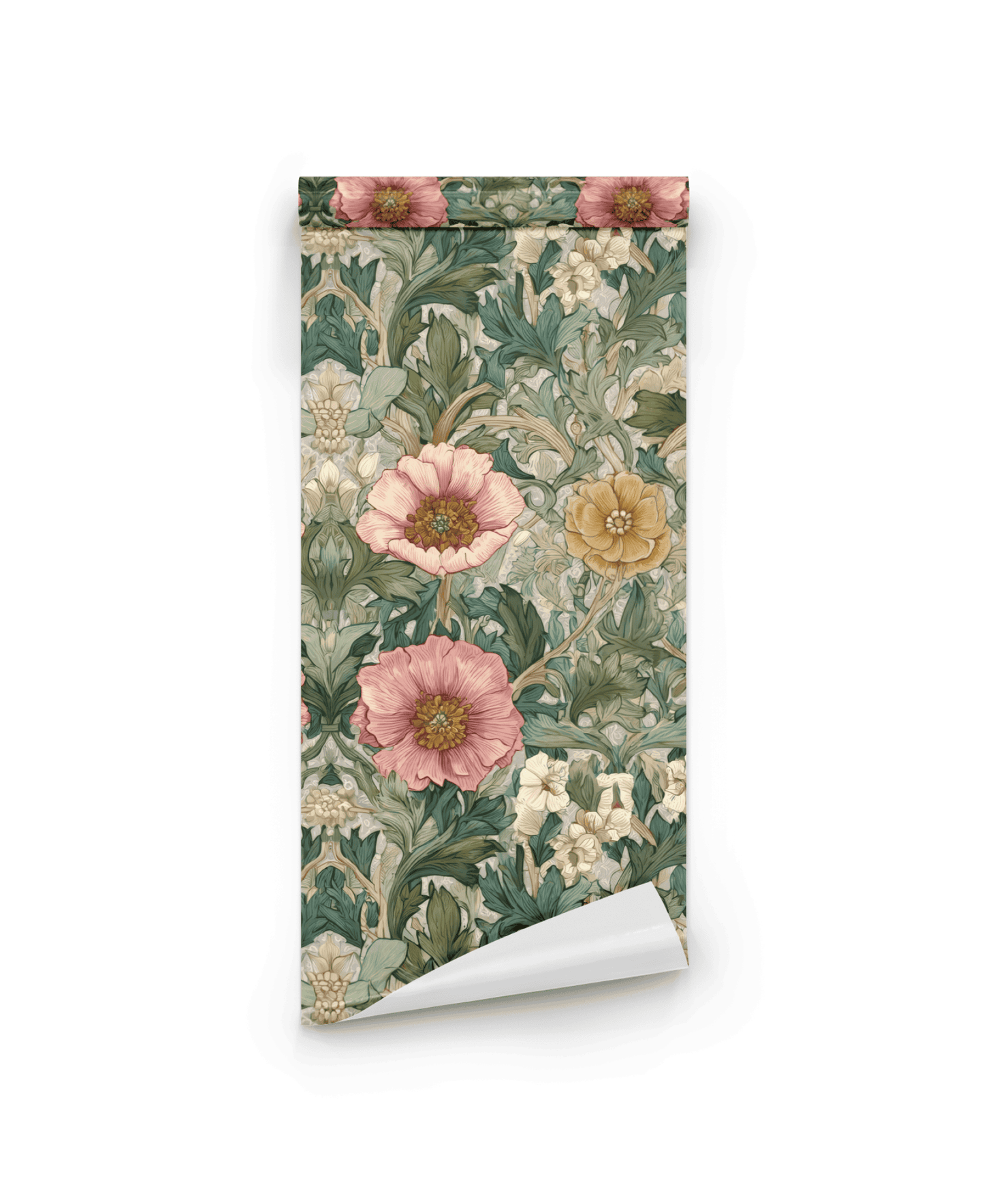Floralia Bliss Wallpaper features an intricate floral pattern with soft pink, yellow, and white flowers and green leaves on a light background, capturing the tranquil charm of a serene garden.