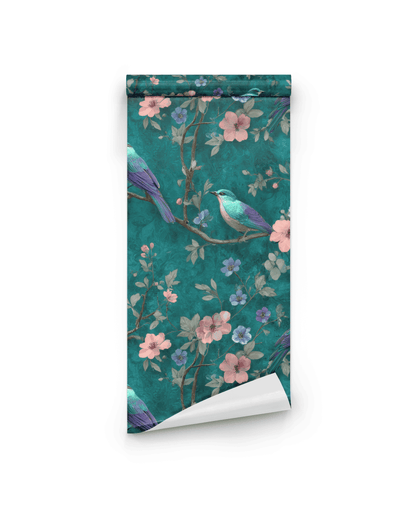 Serenade Bloom Wallpaper: A rolled sheet with a green backdrop, showcasing soft pink, purple, blue, and teal birds among delicate floral patterns.