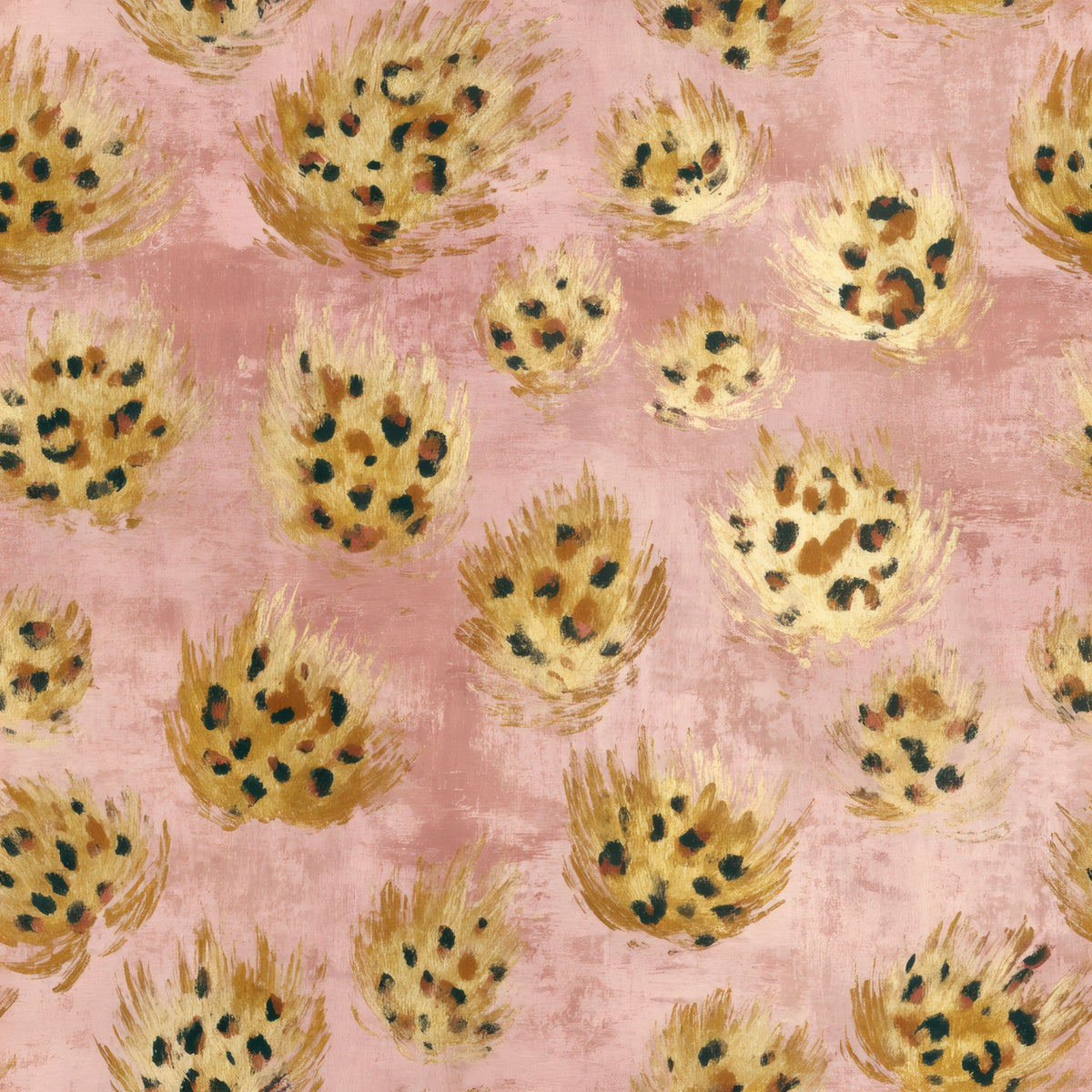 Abstract painted leopard spots in gold and black on a dusty blush pink ground.