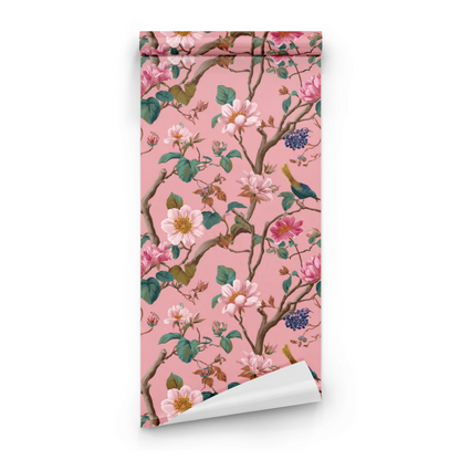 Pink Floral Wallpaper roll close-up showing the bird-and-branch drawing in close soft pink detail