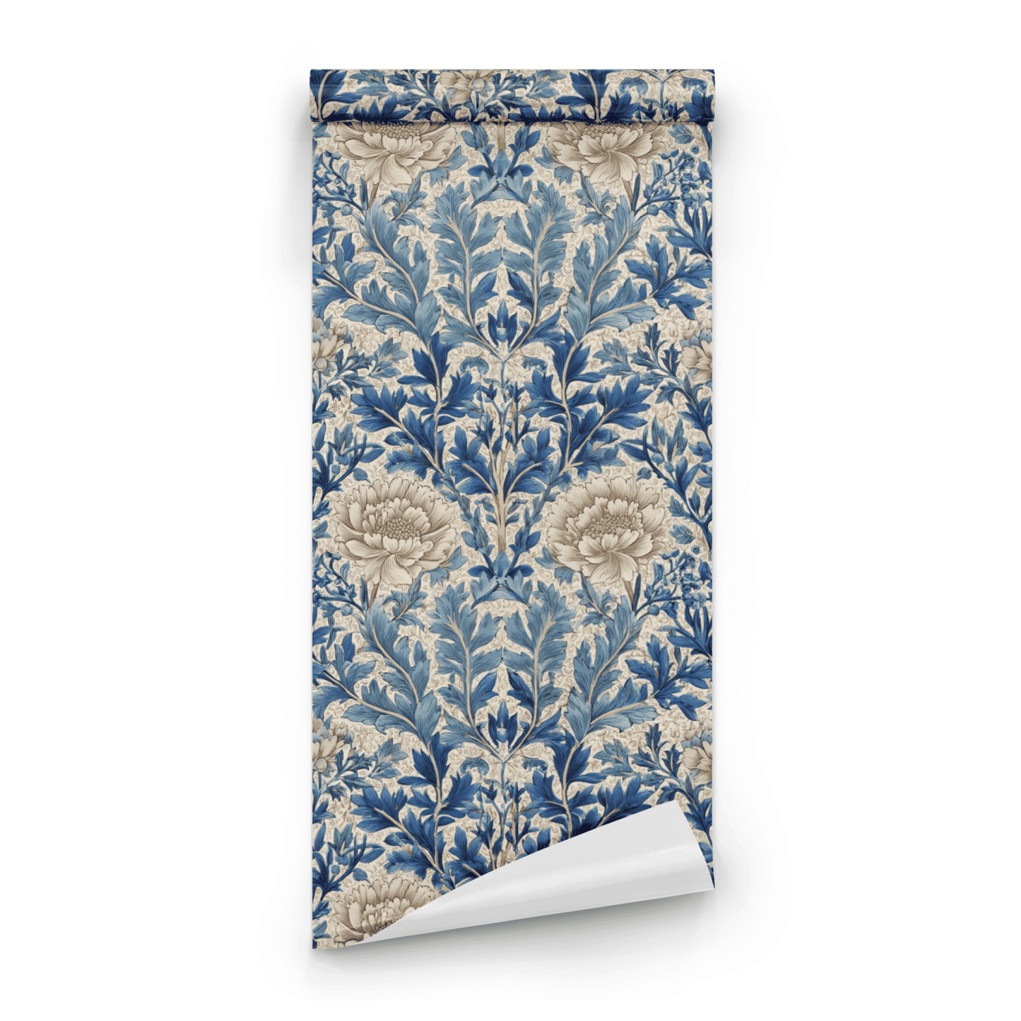 Blue Cream Floral Wallpaper roll preview showing the peony flower drawing in indigo-and-cream Arts and Crafts detail