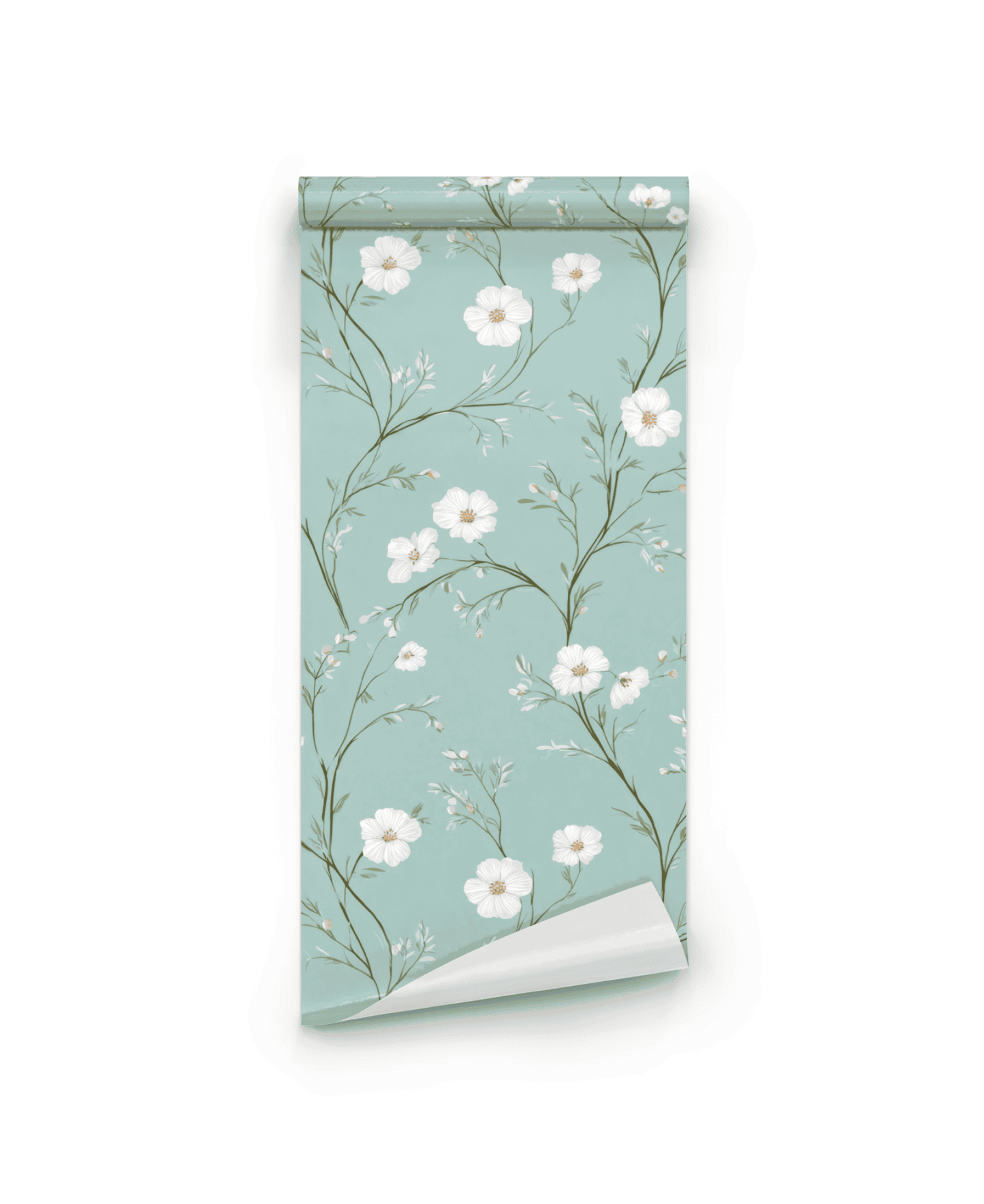 Blossom Grace Wallpaper, in light blue with white blossoms and green stems, creates a serene atmosphere and is shown partially unrolled on a white background.