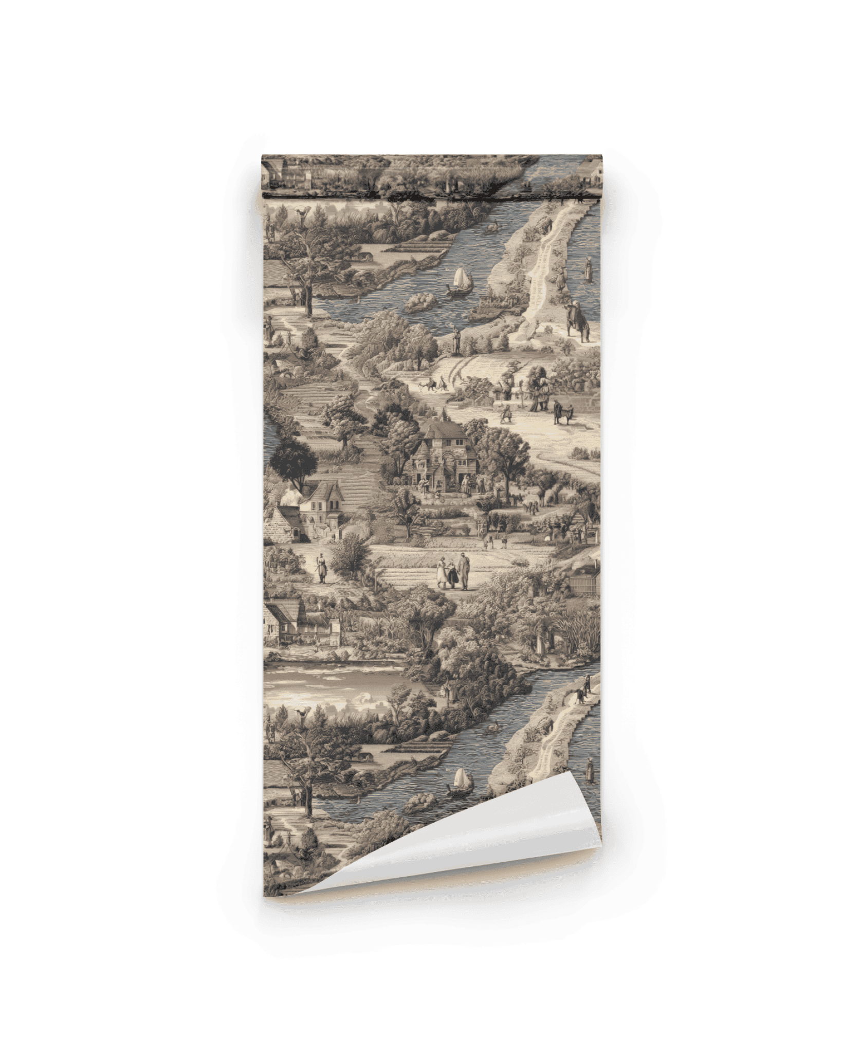 Serene Pastoral Wallpaper: A rolled-up sheet featuring a vintage black-and-white landscape with trees, rivers, people, and sailboats that captures the timeless charm of the countryside.