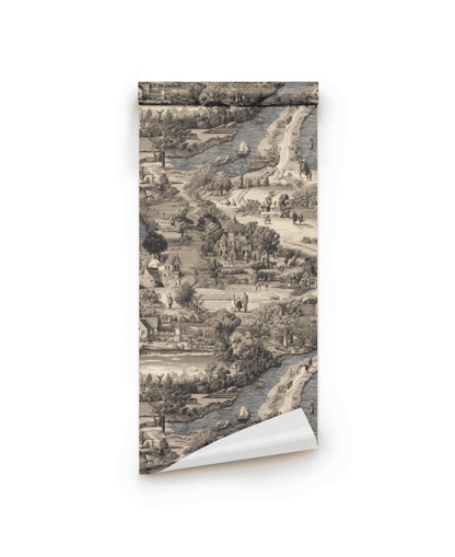 Serene Pastoral Wallpaper: A rolled-up sheet featuring a vintage black-and-white landscape with trees, rivers, people, and sailboats that captures the timeless charm of the countryside.
