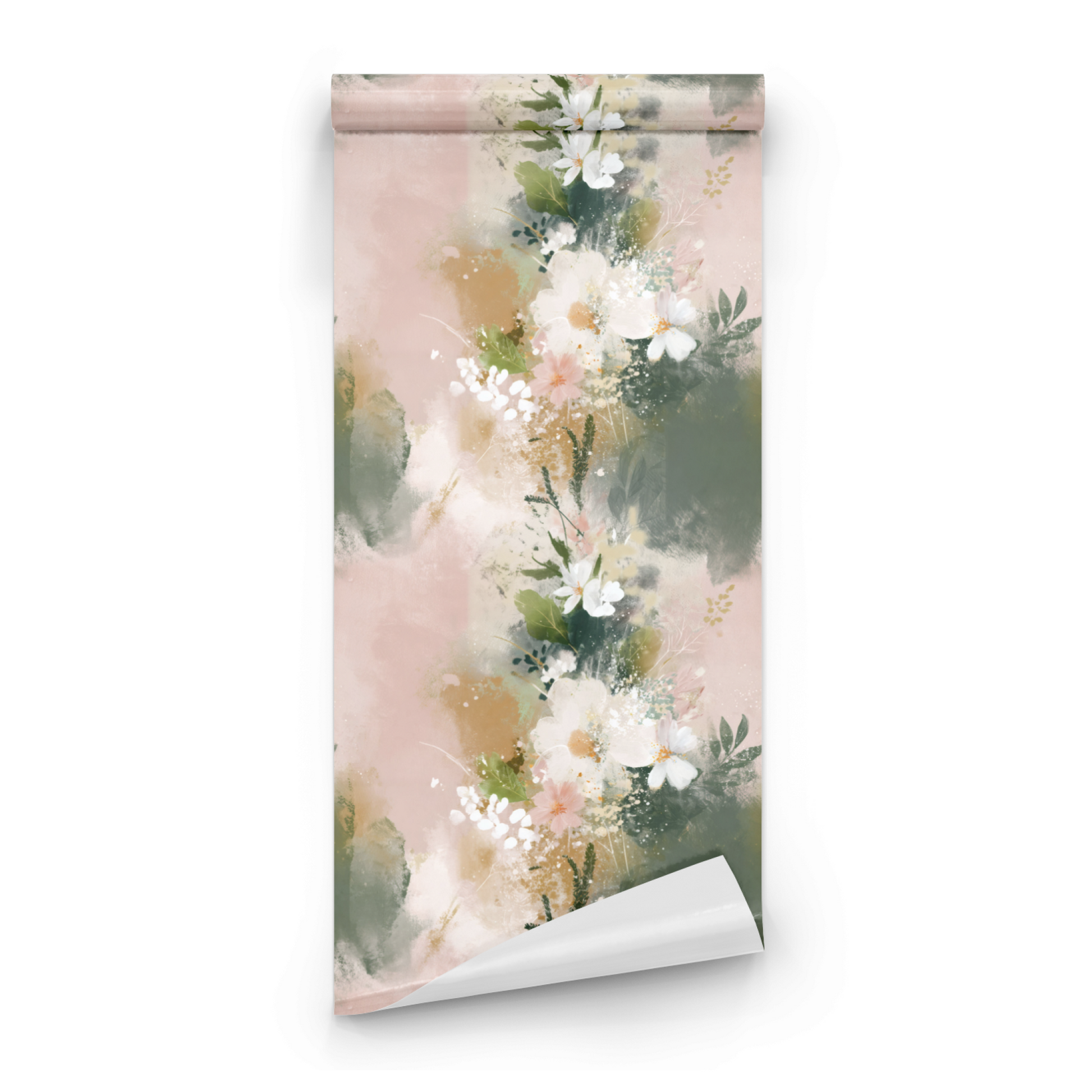Pink Floral Wallpaper roll preview showing the painted floral drawing in close soft pink watercolor detail