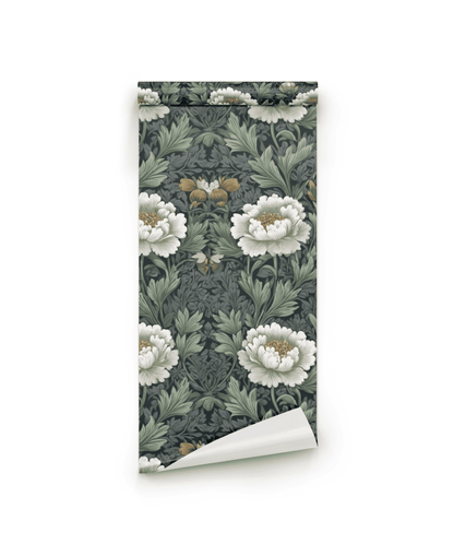 The Serene Blooms Wallpaper features a dark green botanical pattern with white flowers and green leaves, ideal for creating an elegant ambiance, and is shown rolled against a white background.