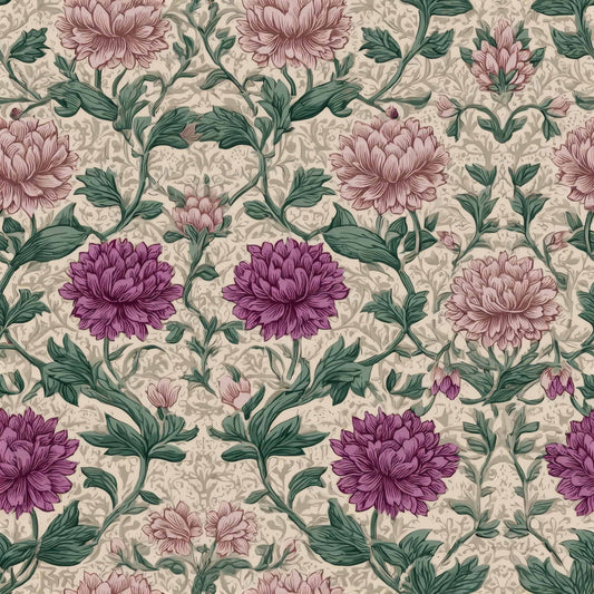 Floral wallpaper with plum and pink flowers and green leaves on a cream background.
