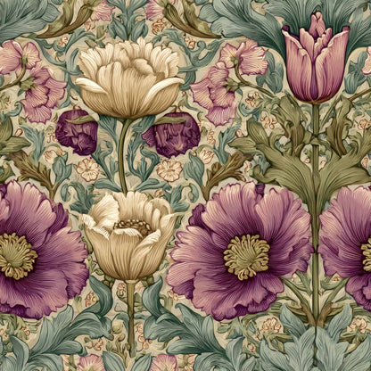 Floral wallpaper with lush purple and cream flowers on a green leafy background.