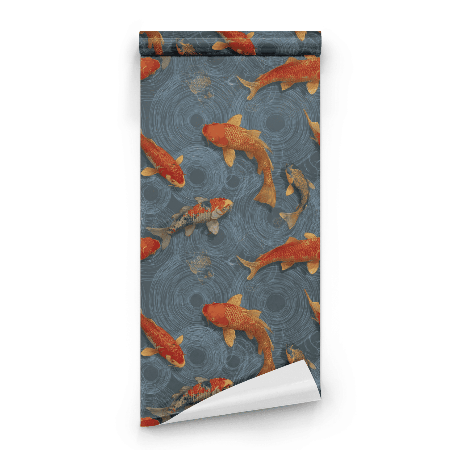 Blue Animal Print Wallpaper roll close-up showing the koi fish drawing and the flowing water current detail in deep blue