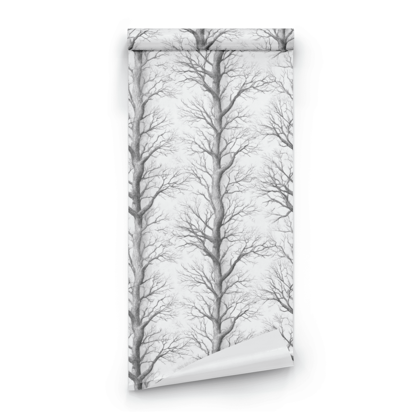 White Tree Pattern Wallpaper roll preview showing the pencil-drawn tree detail on white in close monochrome line work