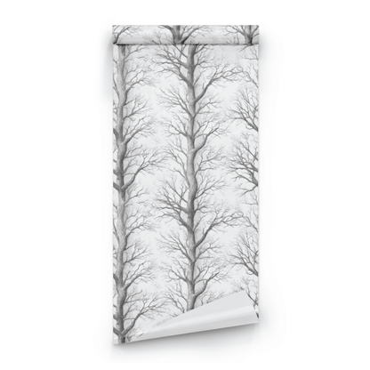 White Tree Pattern Wallpaper roll preview showing the pencil-drawn tree detail on white in close monochrome line work