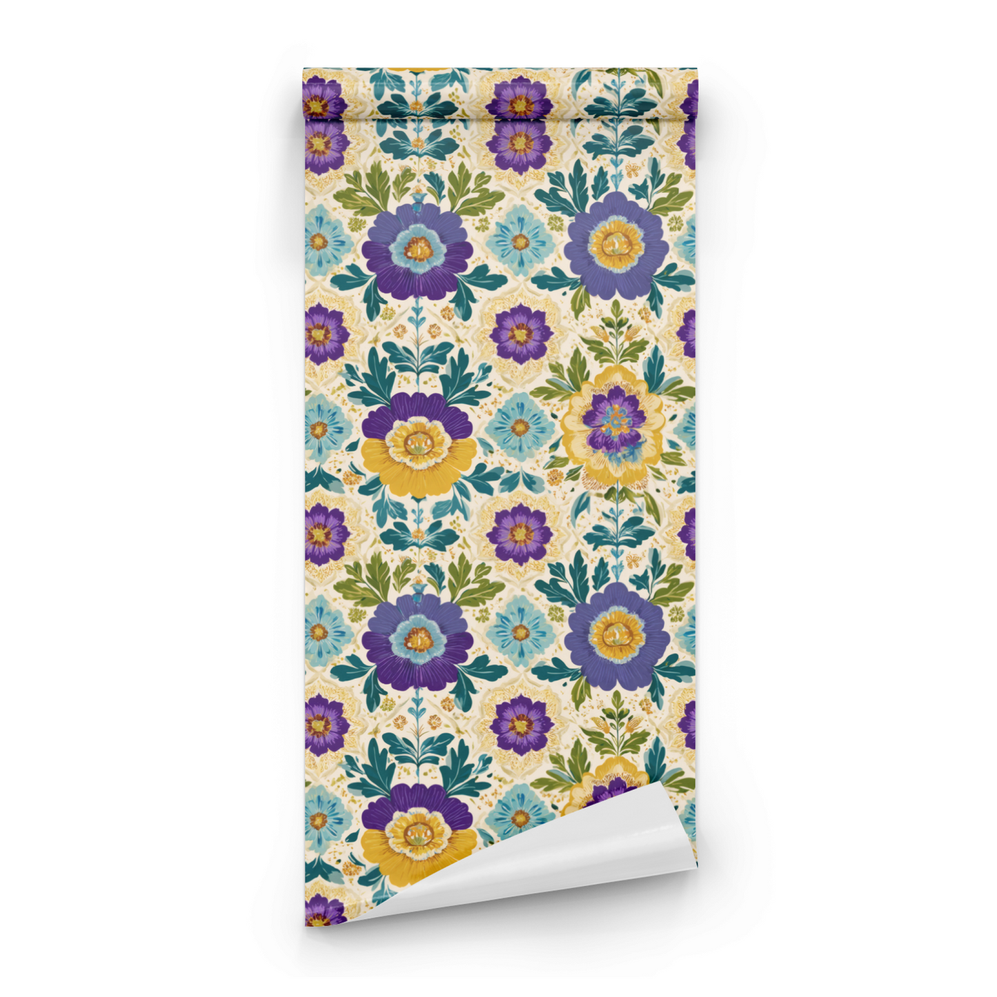 Cream Floral Wallpaper roll close-up showing the poppy floral drawing in close cream opulent Arts and Crafts detail