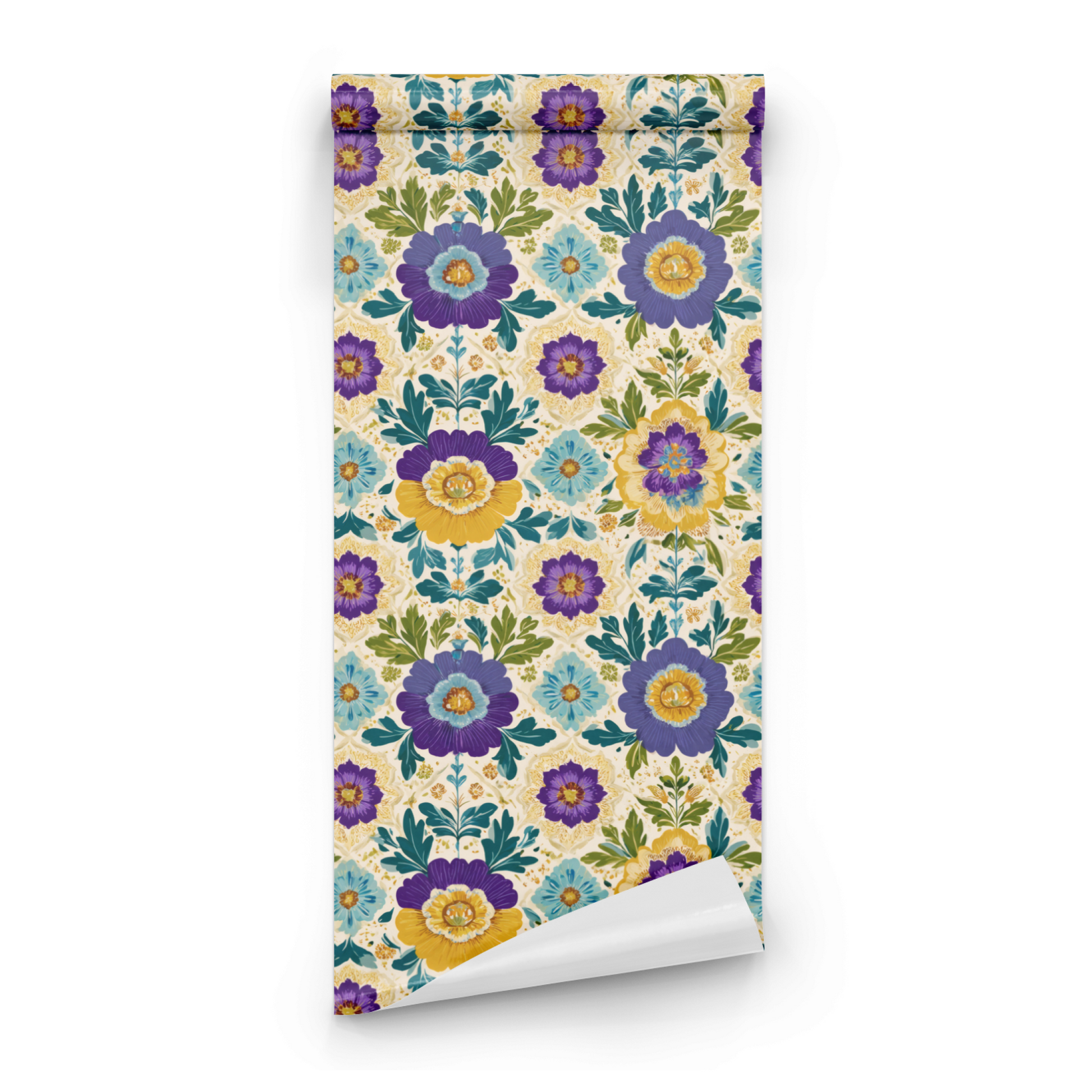 Cream Floral Wallpaper roll close-up showing the poppy floral drawing in close cream opulent Arts and Crafts detail