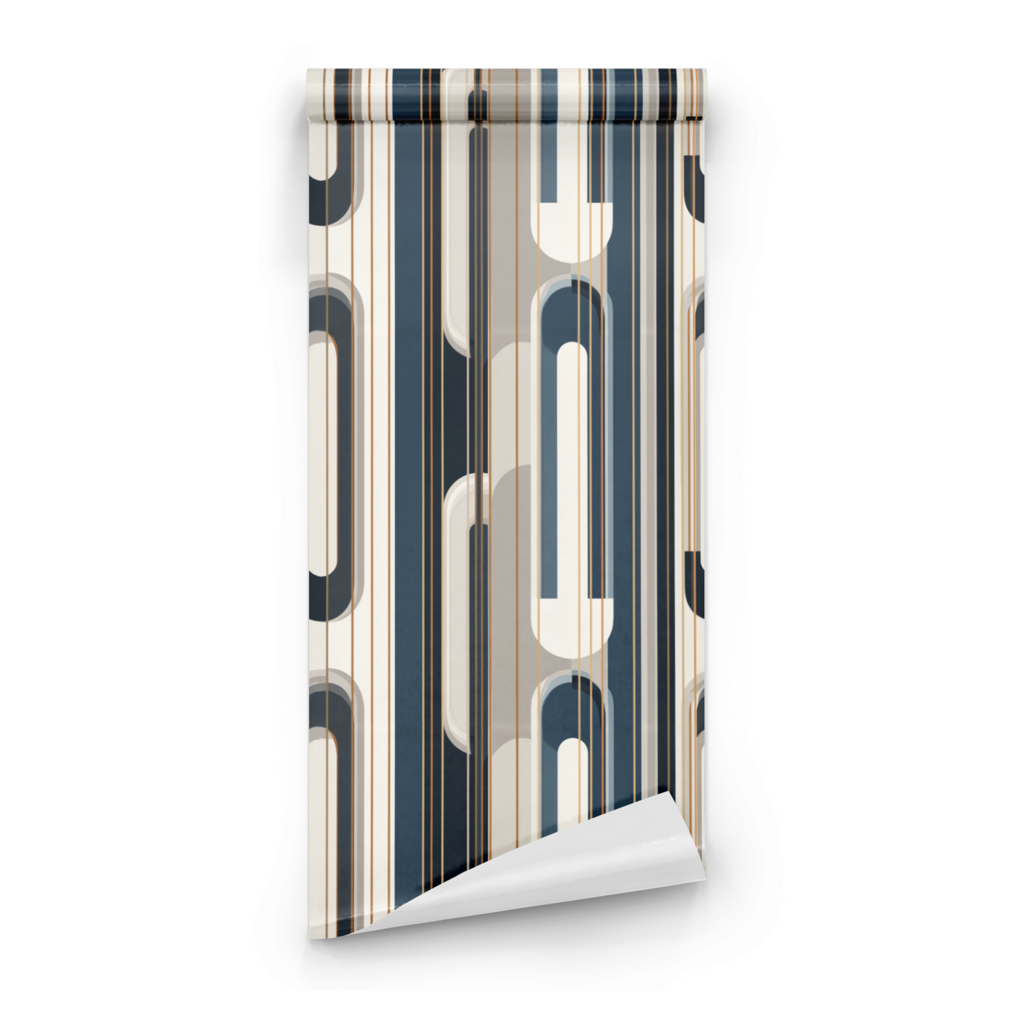 Blue Geometric Wallpaper roll close-up showing the arch geometric drawing in close deep blue Art Deco detail