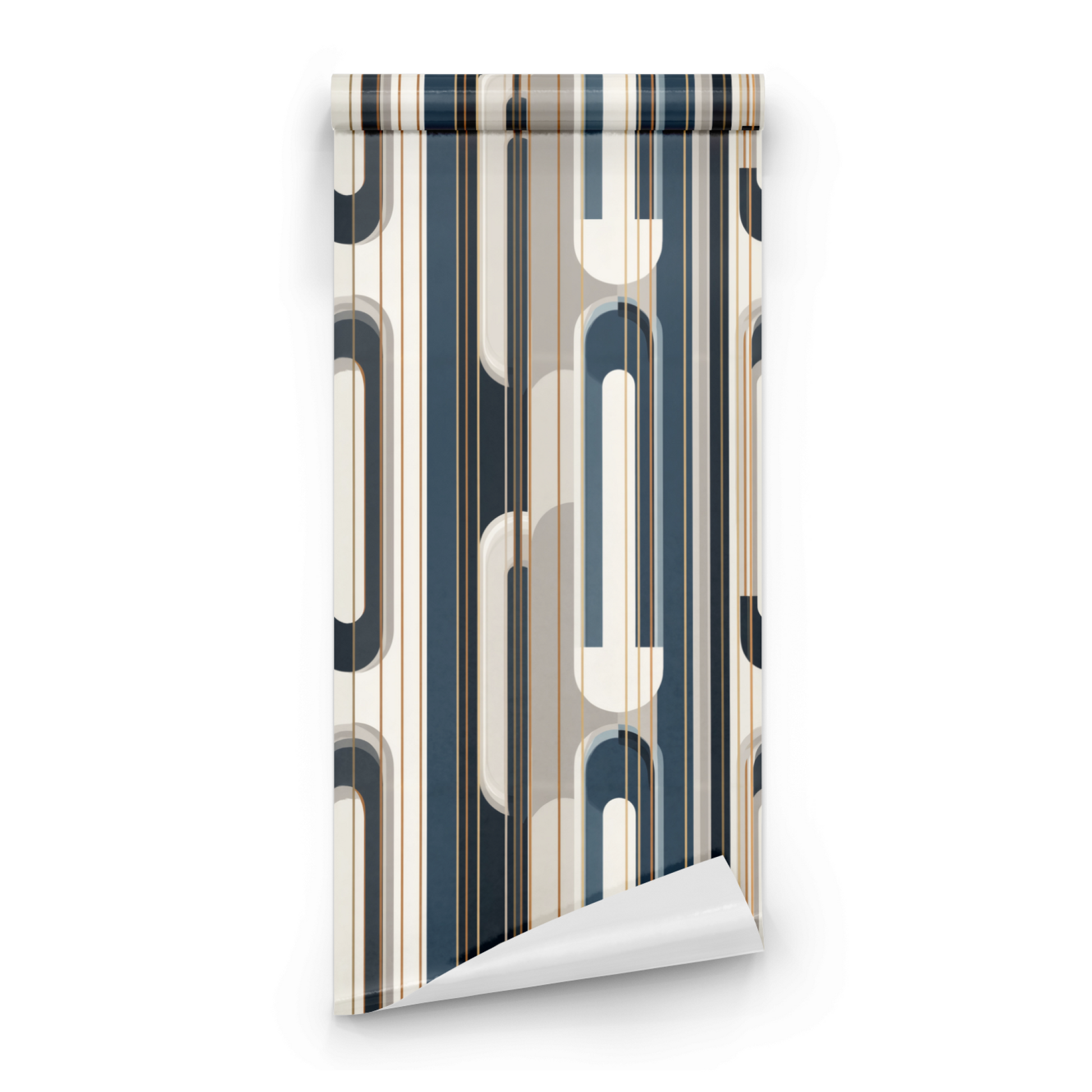 Blue Geometric Wallpaper roll close-up showing the arch geometric drawing in close deep blue Art Deco detail