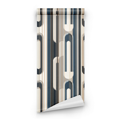 Blue Geometric Wallpaper roll close-up showing the arch geometric drawing in close deep blue Art Deco detail