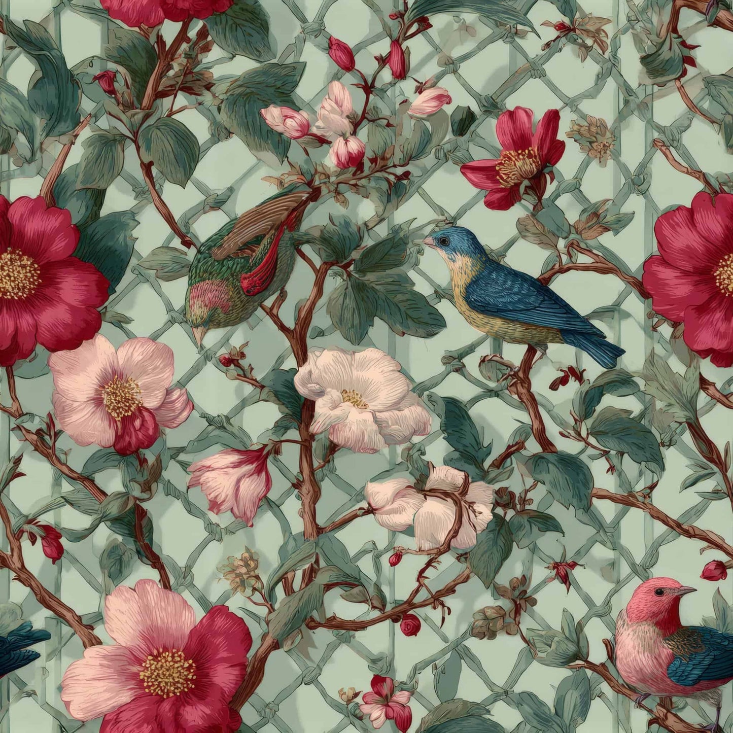 Wallpaper with birds and red, pink blossoms on a green lattice background.