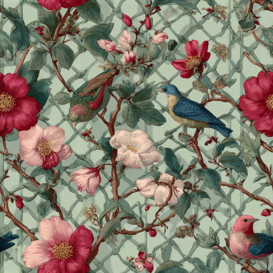 Wallpaper with birds and red, pink blossoms on a green lattice background.
