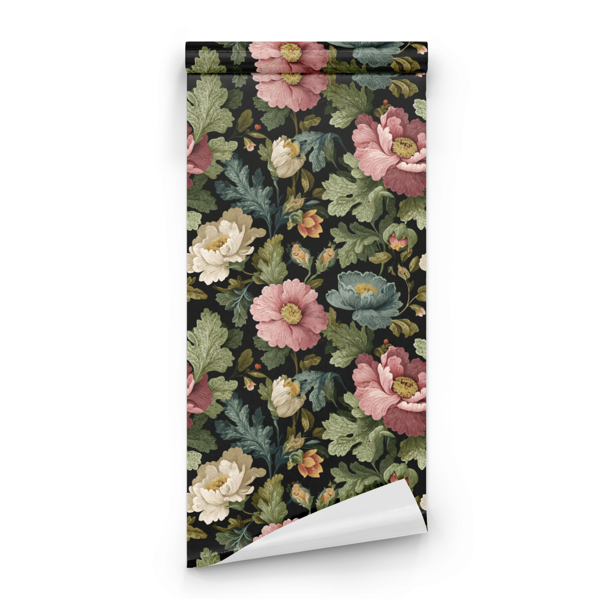 Black Floral Wallpaper roll preview showing the majolica floral drawing on the deep black Victorian moody ground