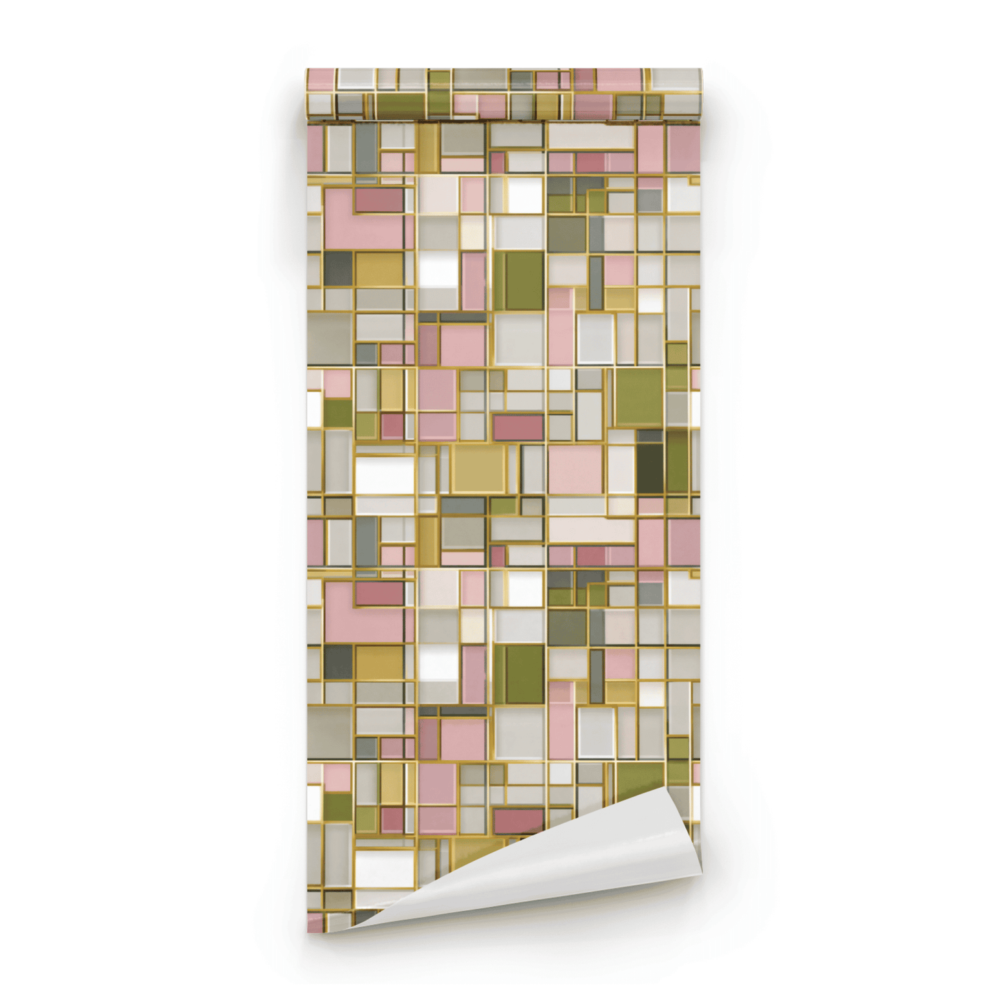 Multicolored Geometric Wallpaper roll close-up showing the Art Deco jewel geometric line work in close multicolored detail