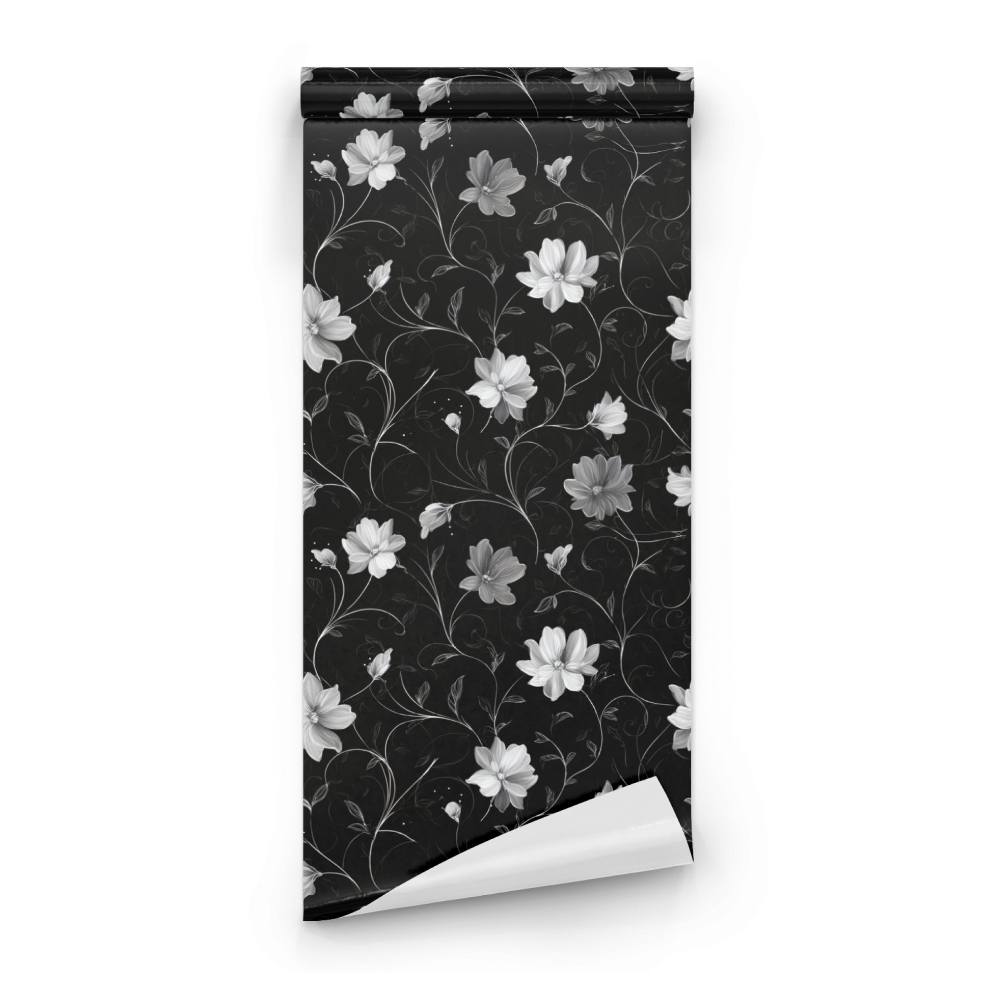 Black Floral Wallpaper roll close-up showing the art nouveau aster drawing on the deep black moody ground