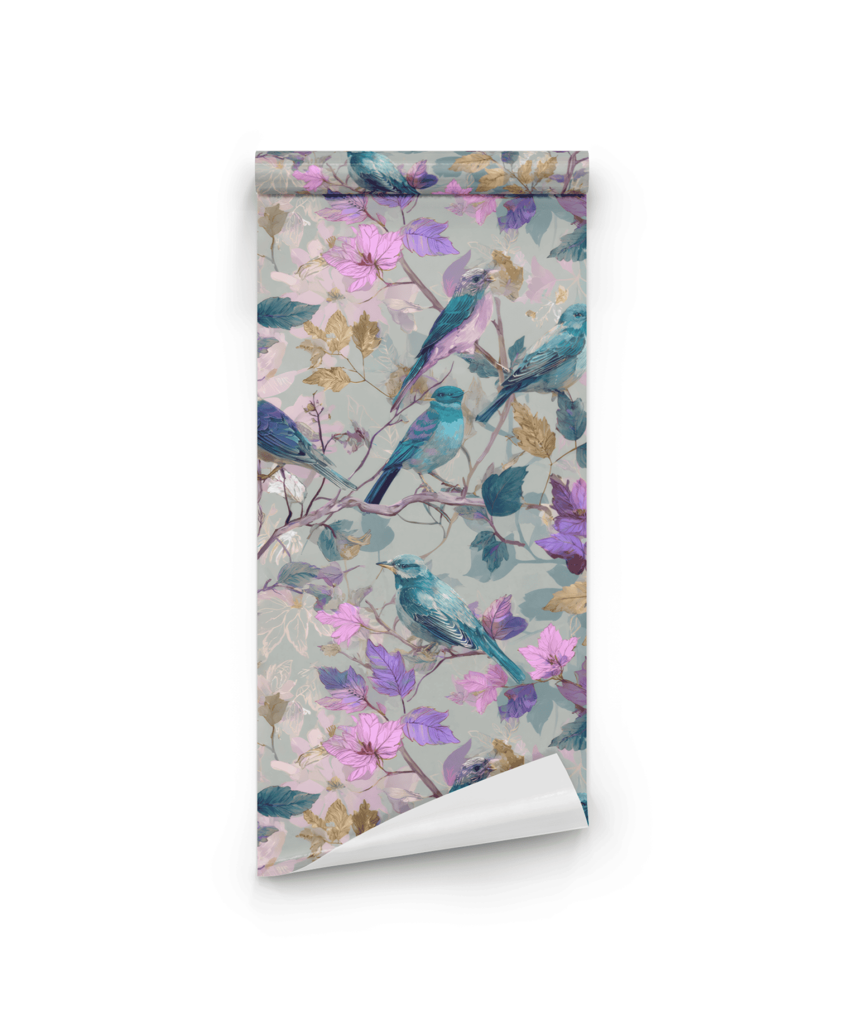 Enchanted Aviary Wallpaper showcases vibrant birds on branches with purple, pink, and gold flowers against a light gray background, capturing natural elegance with its floral motifs.