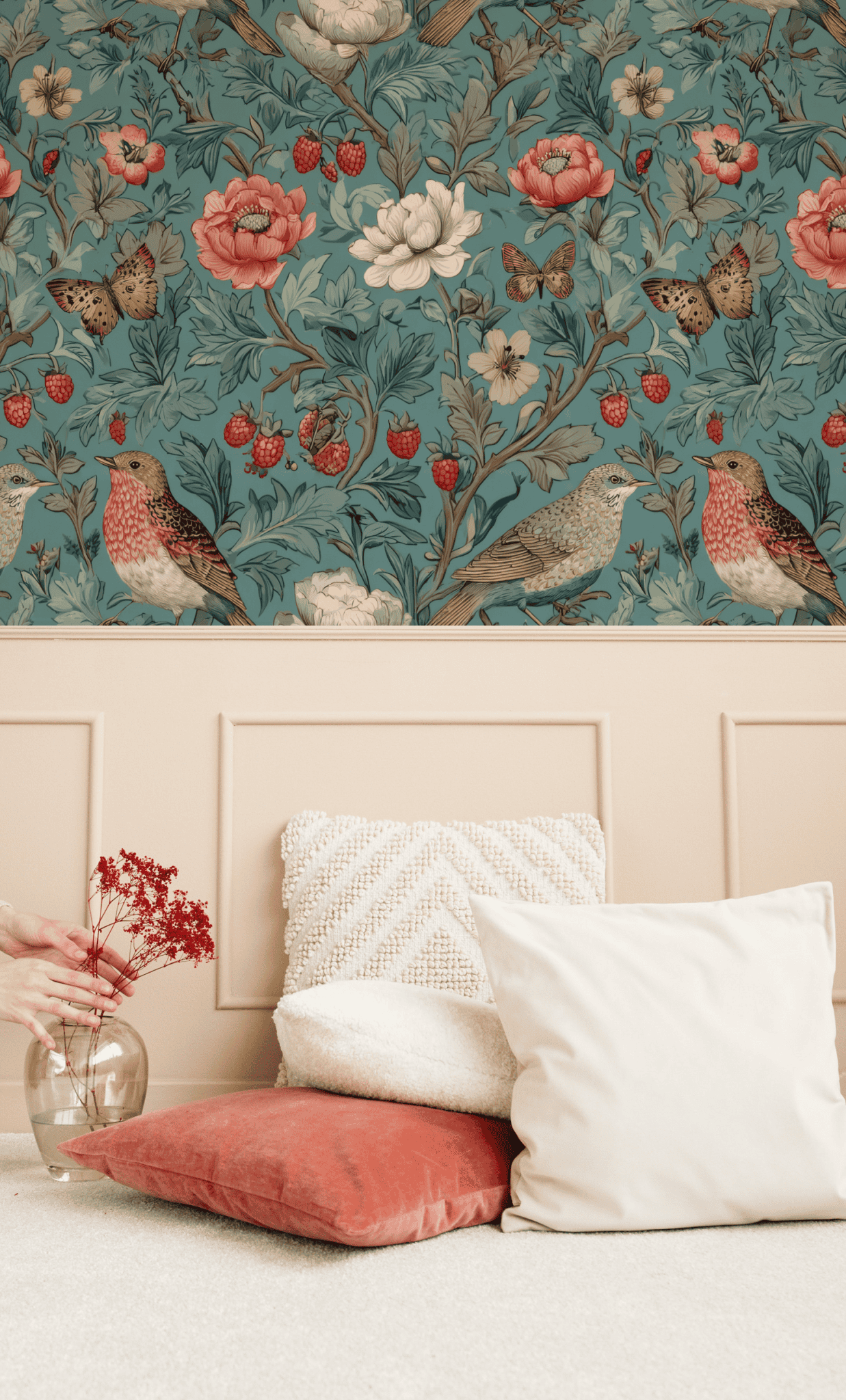 A hand holds a vase with red flowers beside cream and coral cushions. The wall behind features Garden Serenade Wallpaper, adorned with flowers and birds above beige paneling.