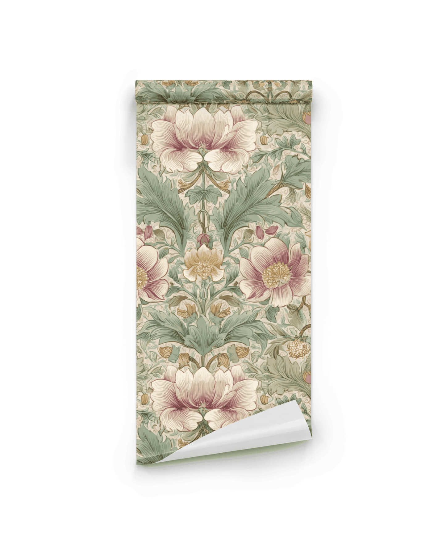 Floral Reverie Wallpaper features a vintage floral pattern with large pink and yellow flowers, muted greens, and a beige background to create a timeless ambiance.