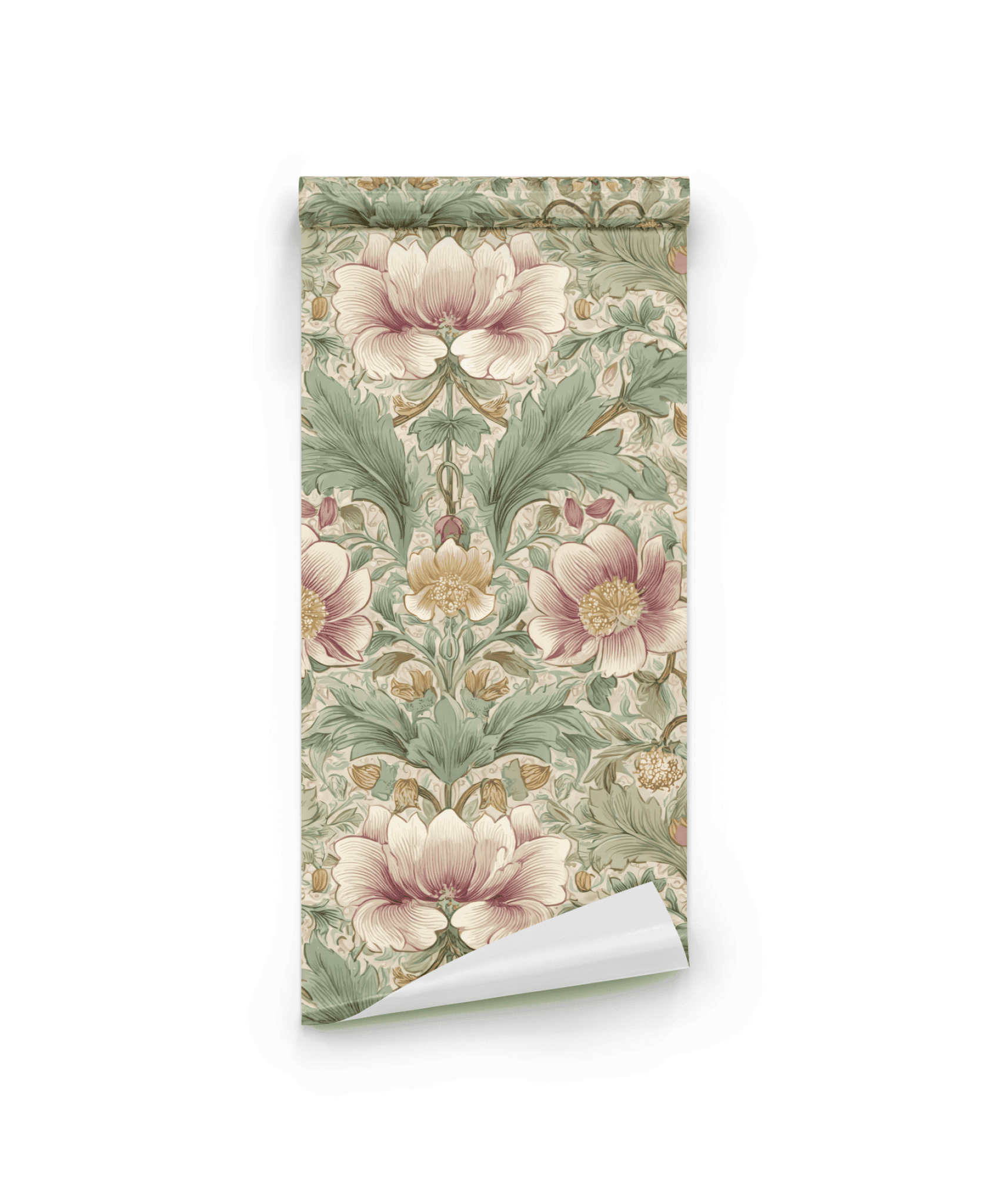 Floral Reverie Wallpaper features a vintage floral pattern with large pink and yellow flowers, muted greens, and a beige background to create a timeless ambiance.