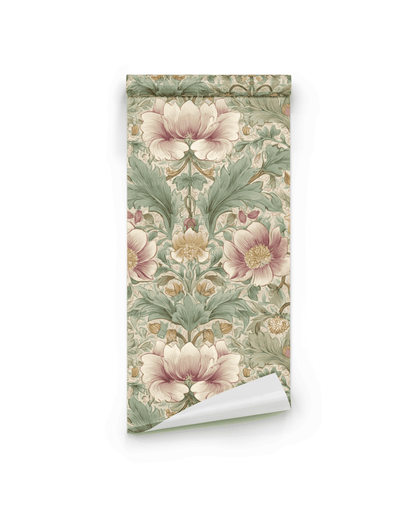 Floral Reverie Wallpaper features a vintage floral pattern with large pink and yellow flowers, muted greens, and a beige background to create a timeless ambiance.