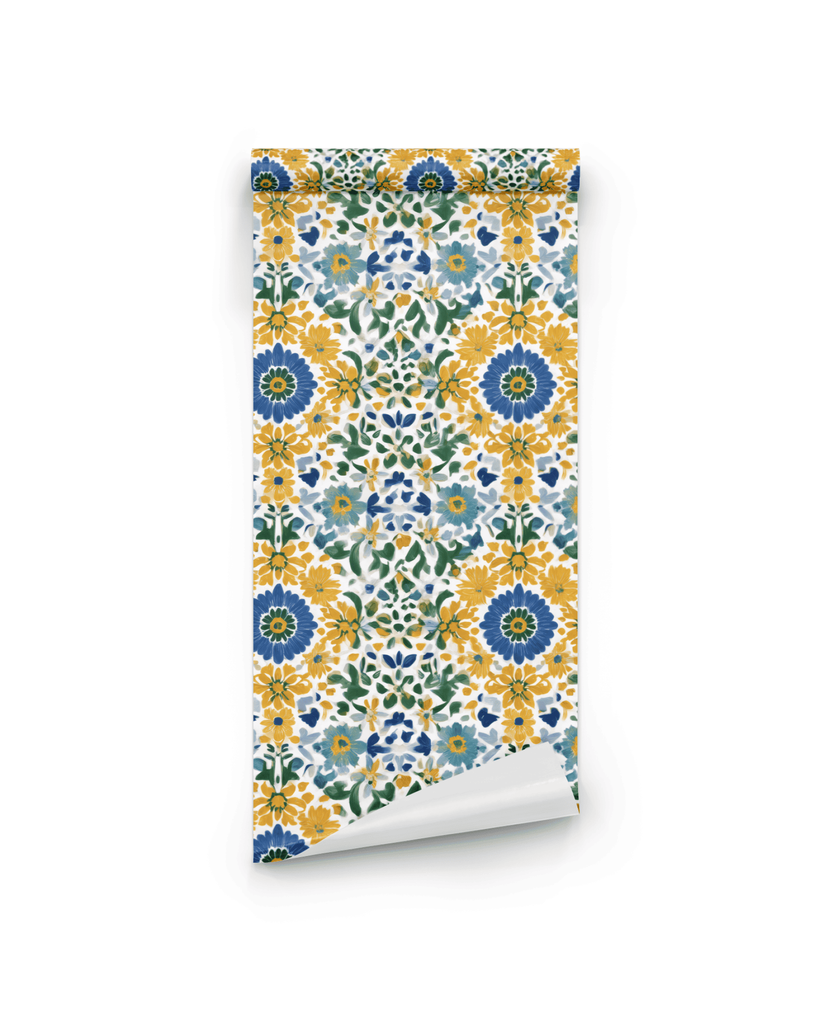 Floral Harmony Wallpaper features a repeating floral pattern in blue, yellow, and green on white—perfect for adding vibrant wall decor to any room.