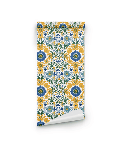 Floral Harmony Wallpaper features a repeating floral pattern in blue, yellow, and green on white—perfect for adding vibrant wall decor to any room.