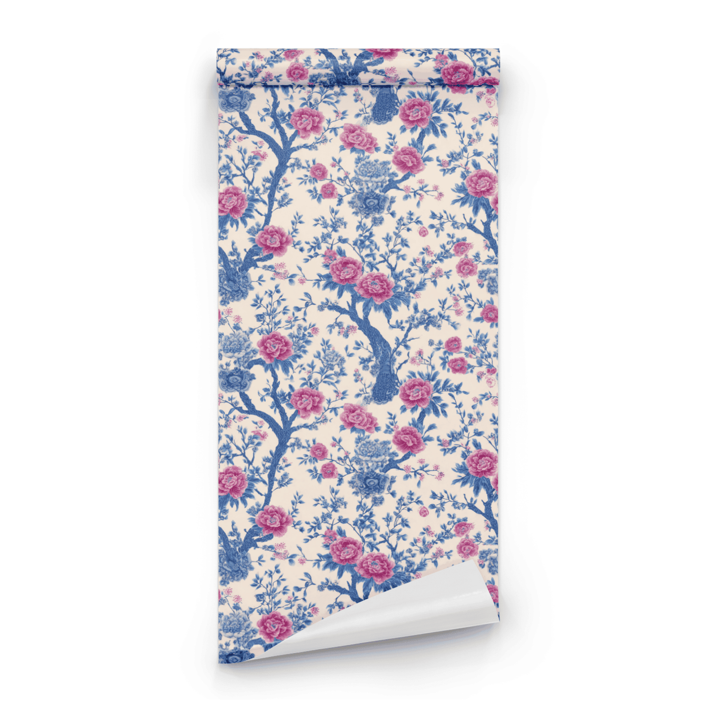 Cream Floral Wallpaper roll close-up showing the roseate floral-and-tree drawing in close cream porcelain detail