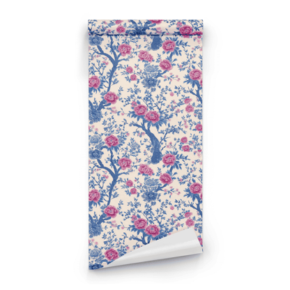 Cream Floral Wallpaper roll close-up showing the roseate floral-and-tree drawing in close cream porcelain detail