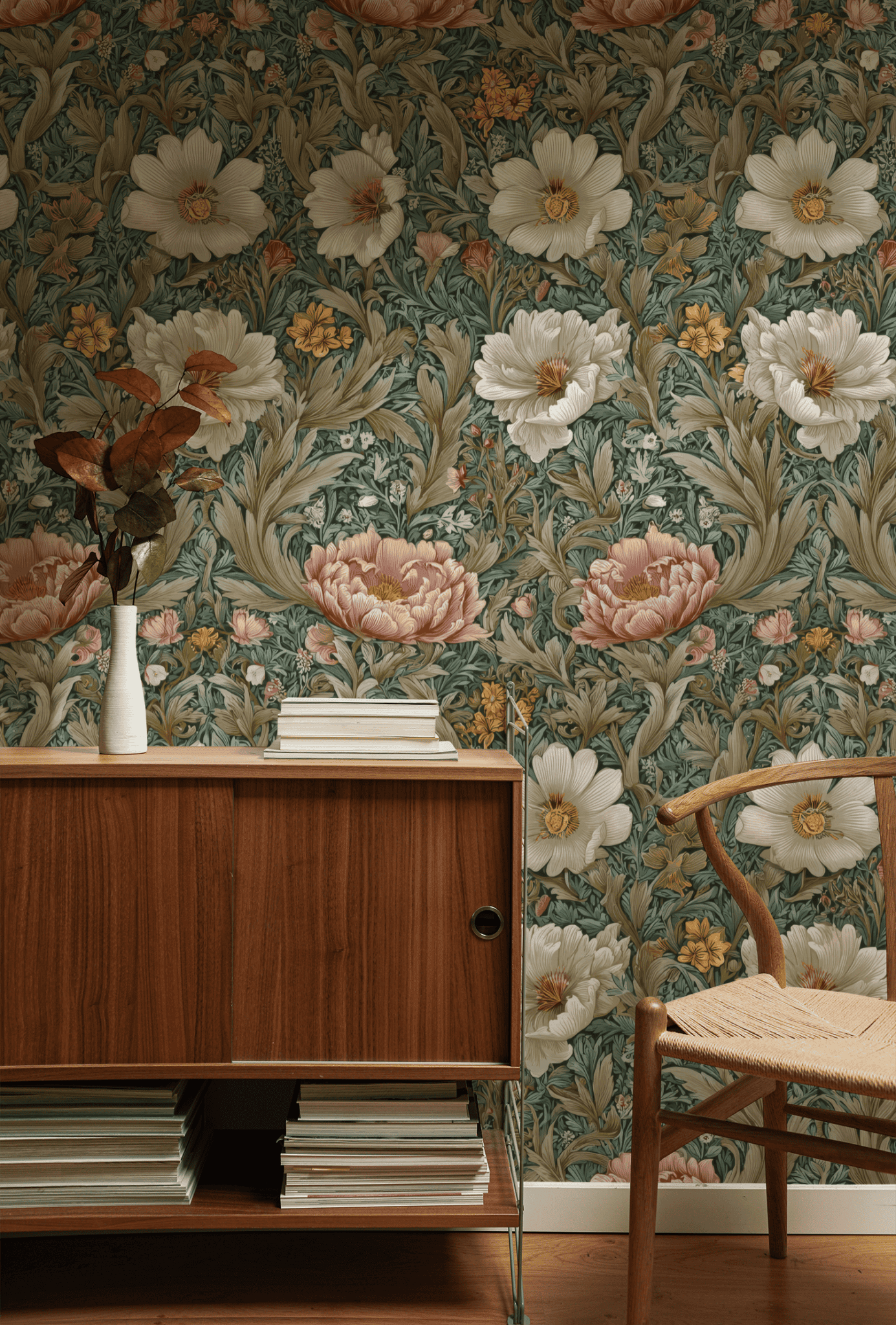 A wooden sideboard with stacked books and a white vase sits in front of Garden Elegance Wallpaper; a wooden chair with woven seat enhances the vintage charm.