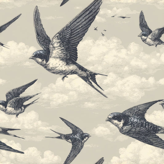 Vintage-style wallpaper with swallows in flight and soft, pastel clouds.