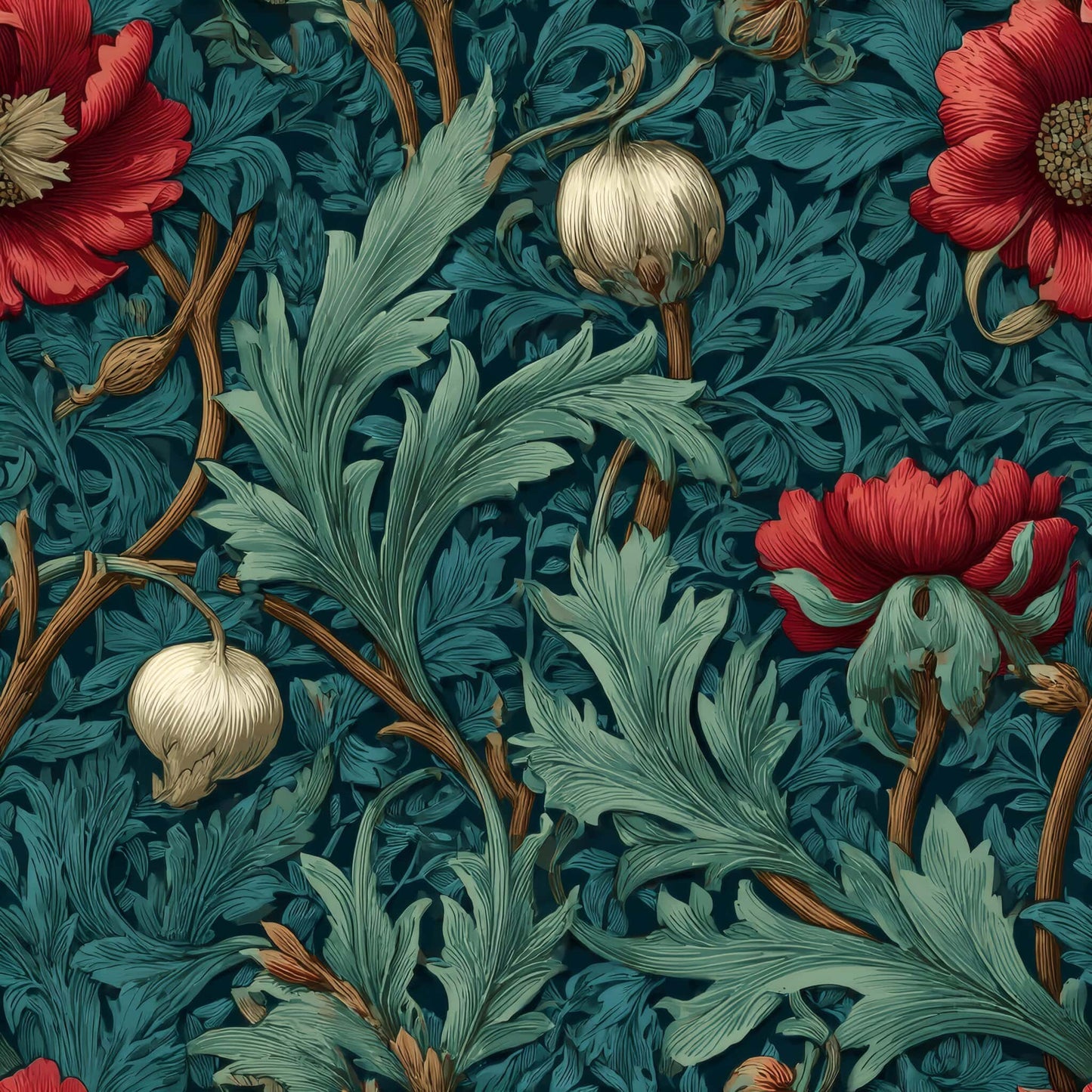 Floral pattern with deep red blooms and teal foliage on a dark teal background.
