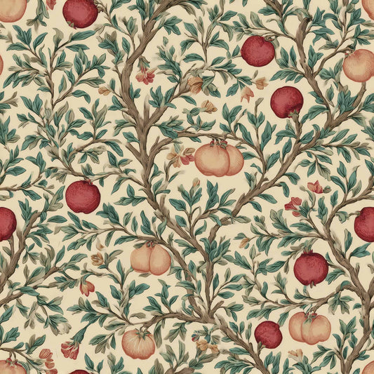 Botanical wallpaper with branches, leaves, and ripe fruits in earth tones.
