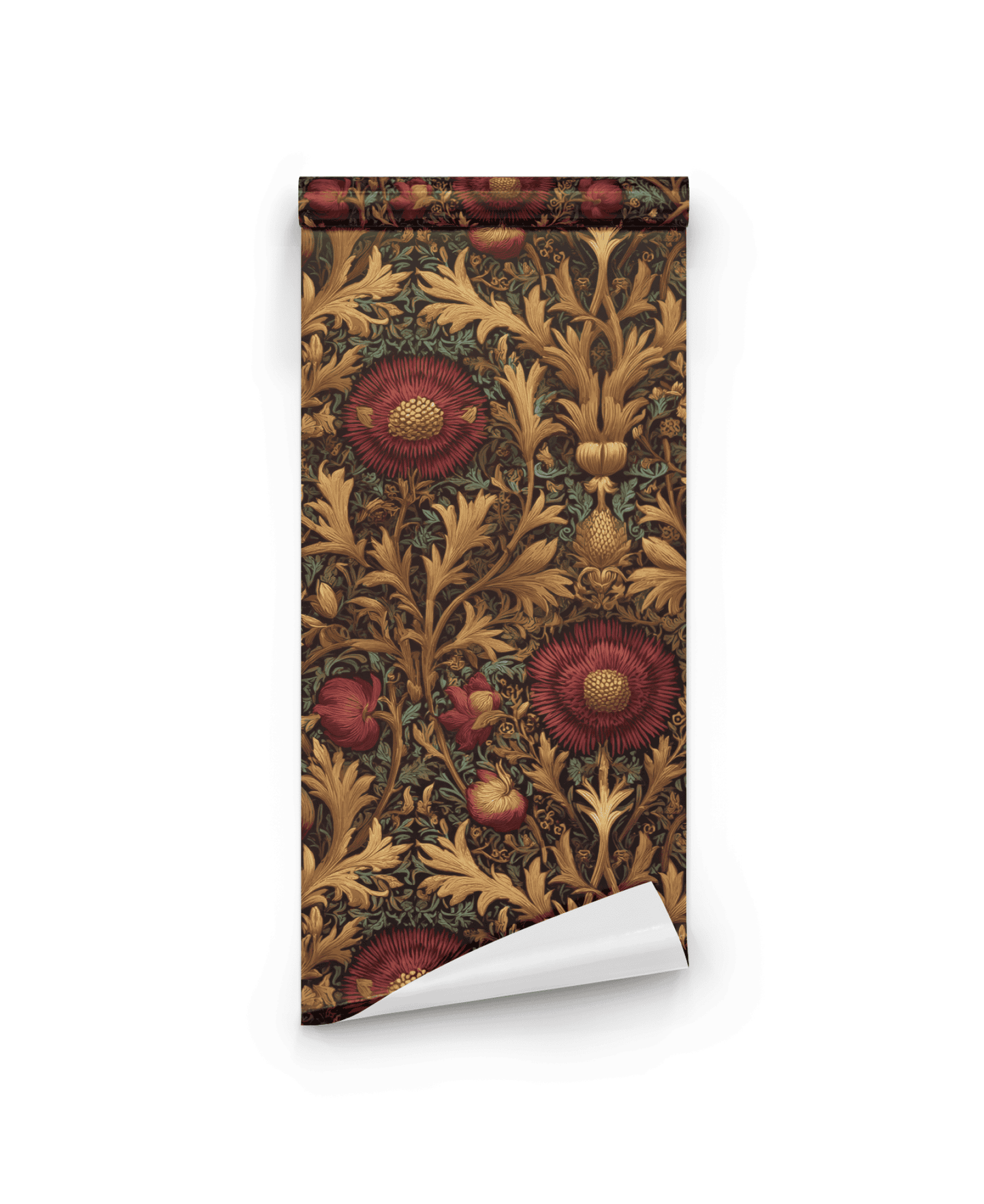 Baroque Bloom Wallpaper features an intricate floral pattern with bold red and gold flowers and leafy details on a dark background—ideal for adding a touch of luxury to any timeless decor.